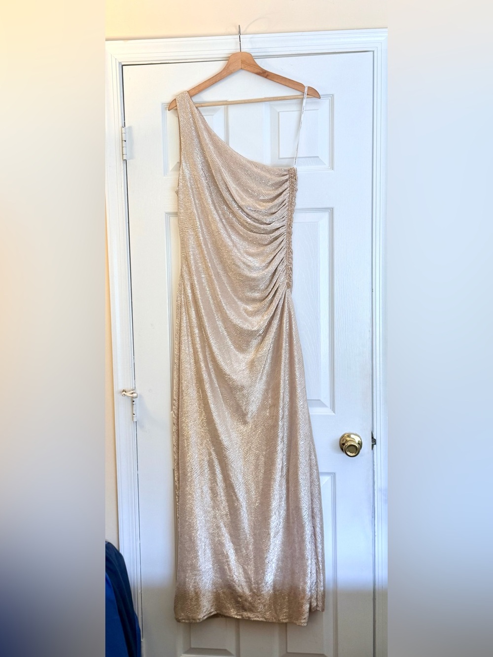 Calvin Klein Metallic Gold One-Shoulder Ruched Maxi Dress Size 12
